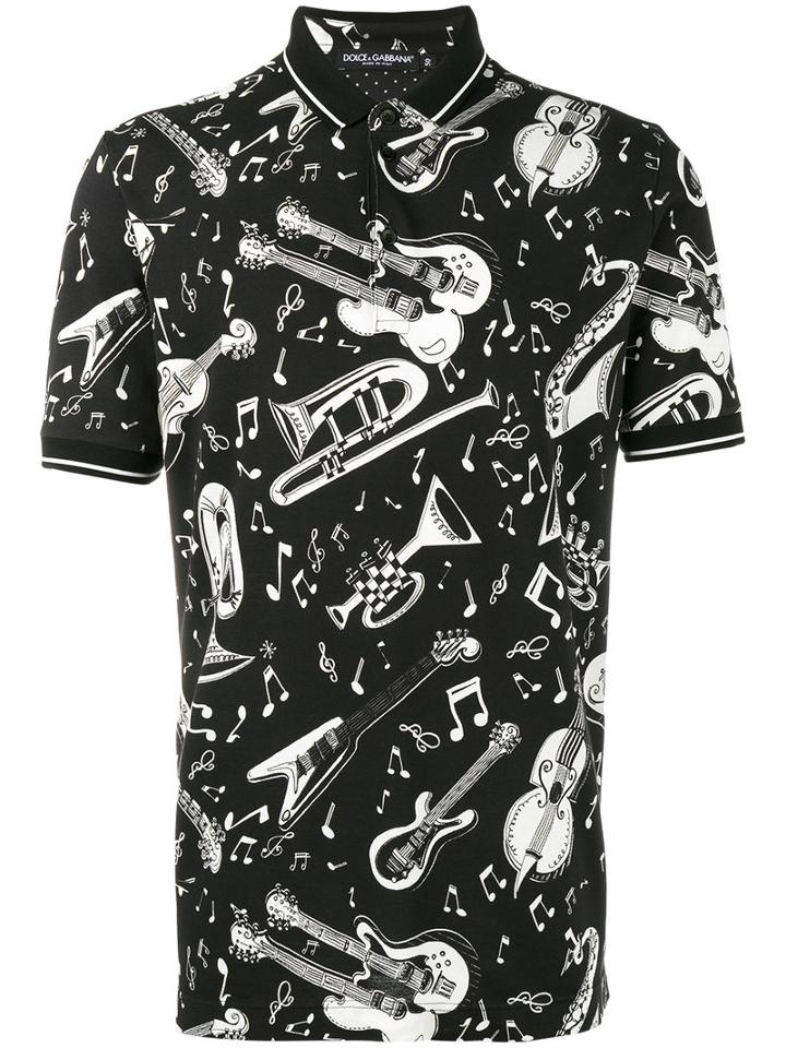 Dolce & Gabbana Instrument Print Polo Shirt, Men's, Size: 46, Black, Cotton/silk