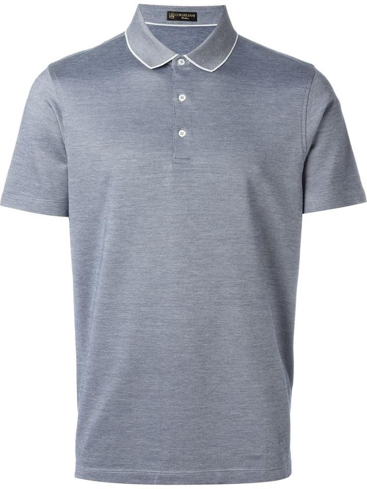Corneliani Contrast Collar Trim Polo Shirt, Men's, Size: 48, Blue, Cotton/silk