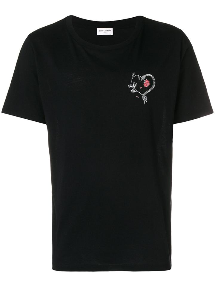 Saint Laurent Snake And Rose Heart Motif T-shirt - Black