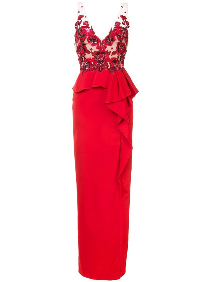 Marchesa Notte Embroidered Sequined Column Gown