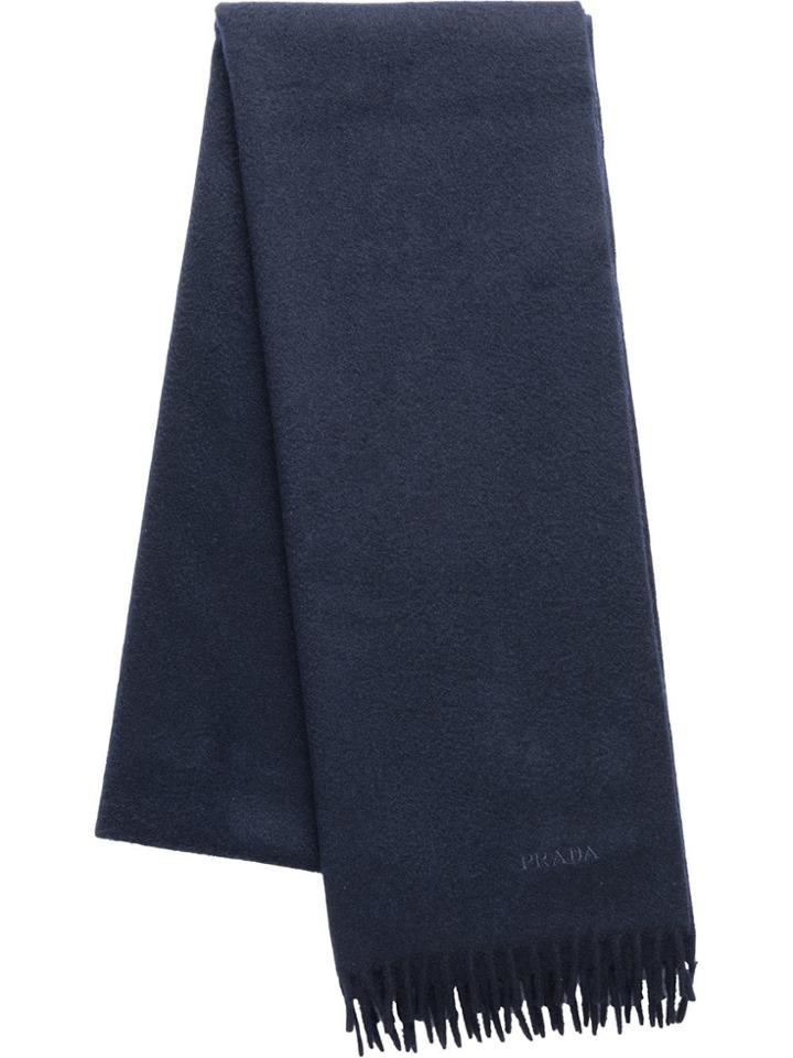 Prada Fringed Logo Scarf - Blue