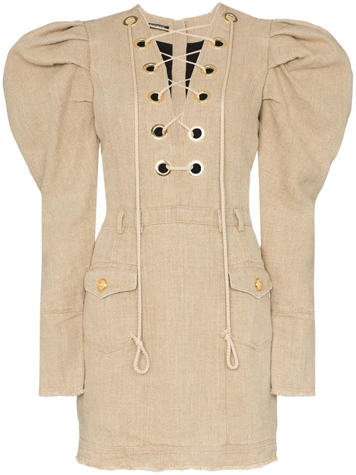 Balmain Lace Up Collar Linen Dress - Neutrals
