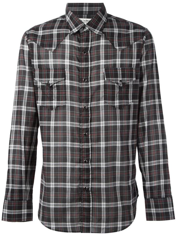 Saint Laurent Casual Plaid Shirt, Men's, Size: M, Black, Cotton
