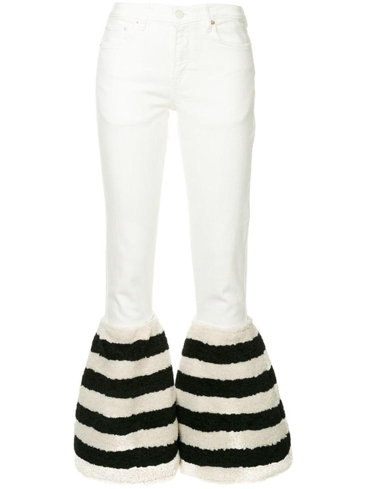 Tu Es Mon Trésor Striped Faux Fur Hem Flared Jeans - White