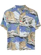 Fake Alpha Vintage 1950s Hawaiian Tiger Print Shirt - Blue