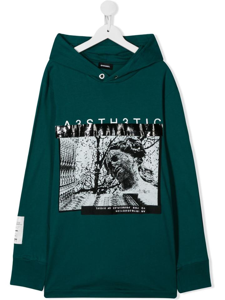 Diesel Kids Teen Tfontybj Statue Print Hoodie - Green