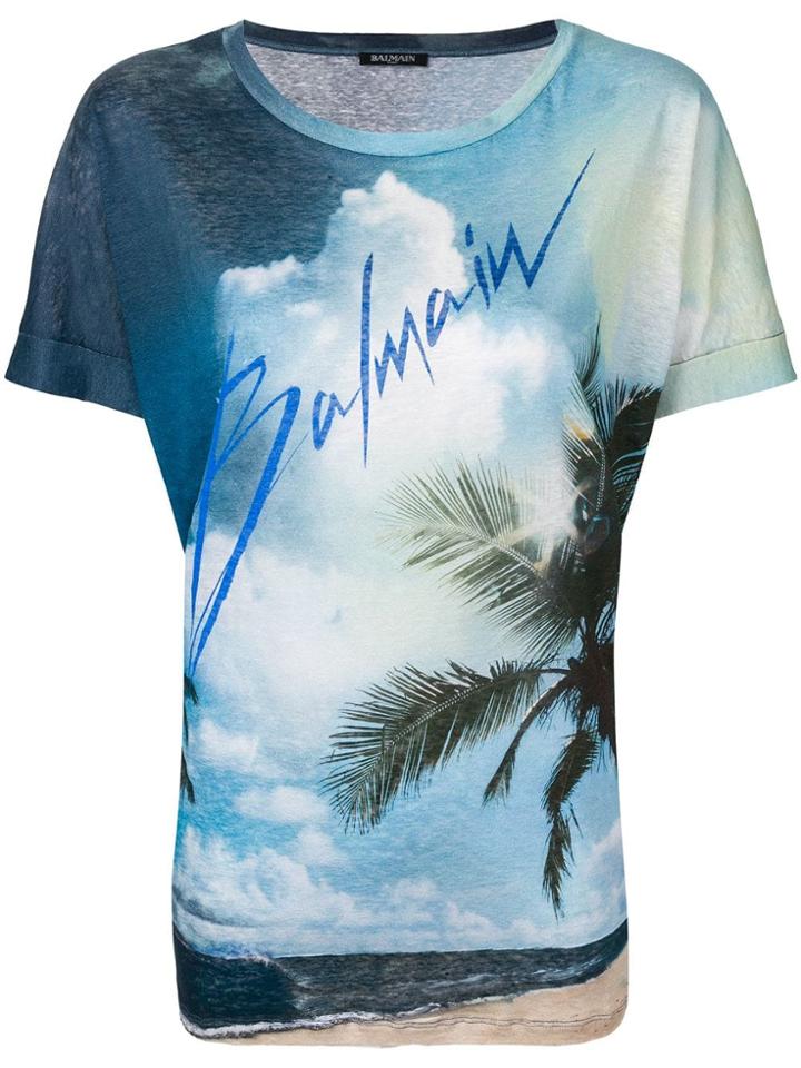 Balmain Linen T-shirt With Balmain Logo Print - Blue