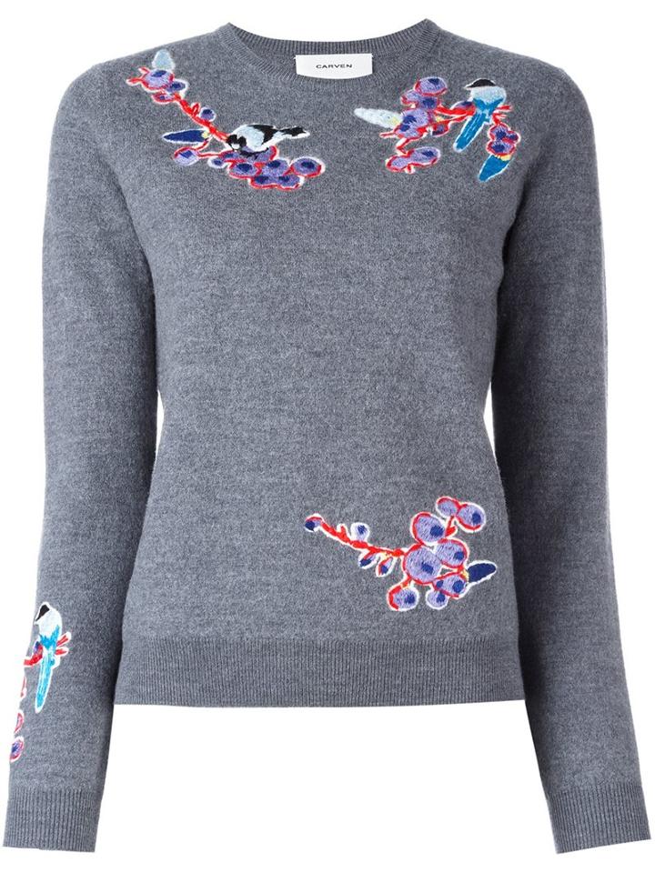 Carven Bird Embroidered Jumper, Women's, Size: Large, Grey, Wool