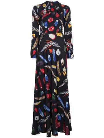 Navro Silk Maxi Dress With Feather Print - Black
