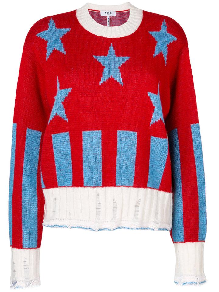 Msgm Star Ribbed Knit Pullover - Red