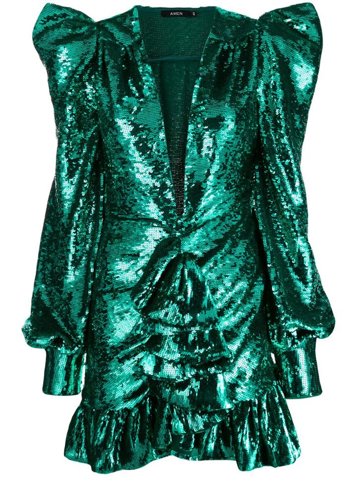 Amen Sequin Embroidered Cocktail Dress - Green