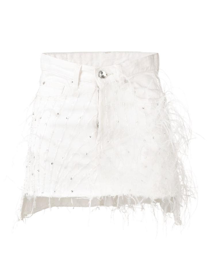 Loulou Feather Coated Denim Skirt - White