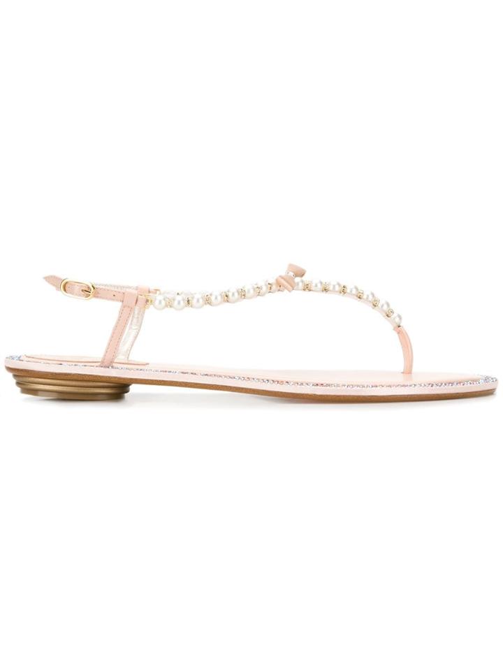 René Caovilla Flat Sandals With Pearl Appliqués - Neutrals