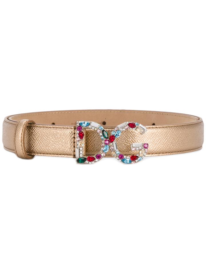 Dolce & Gabbana Crystal Logo Buckle Saffiano Belt - Metallic
