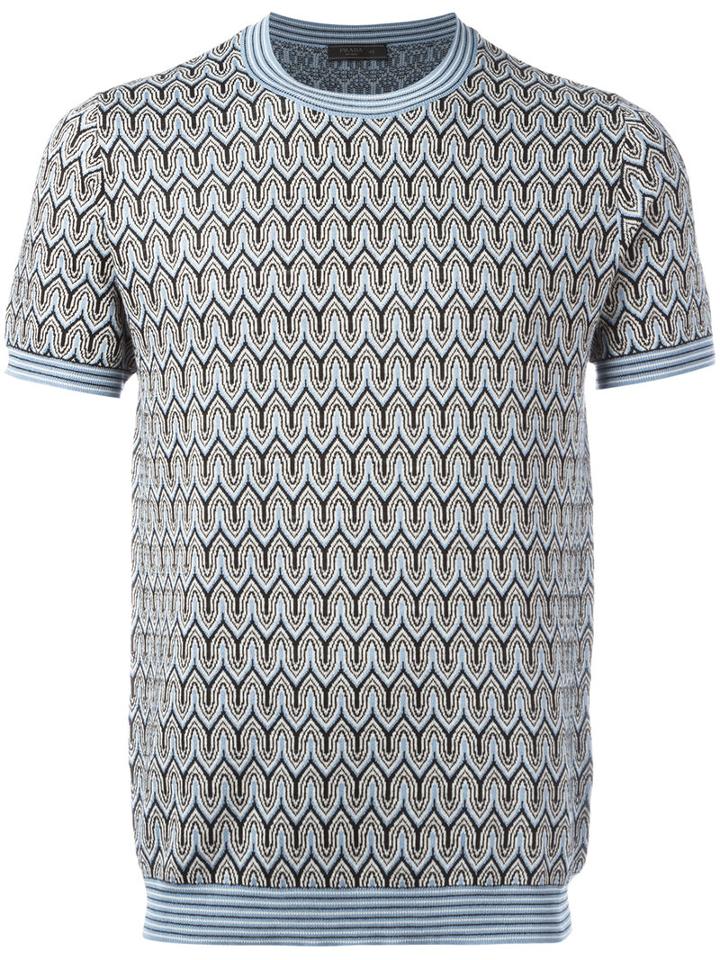 Prada Intarsia Knit T-shirt, Men's, Size: 46, Blue, Silk/cotton/virgin Wool