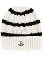Moncler Striped Knitted Beanie Hat, Men's, White, Cashmere/wool