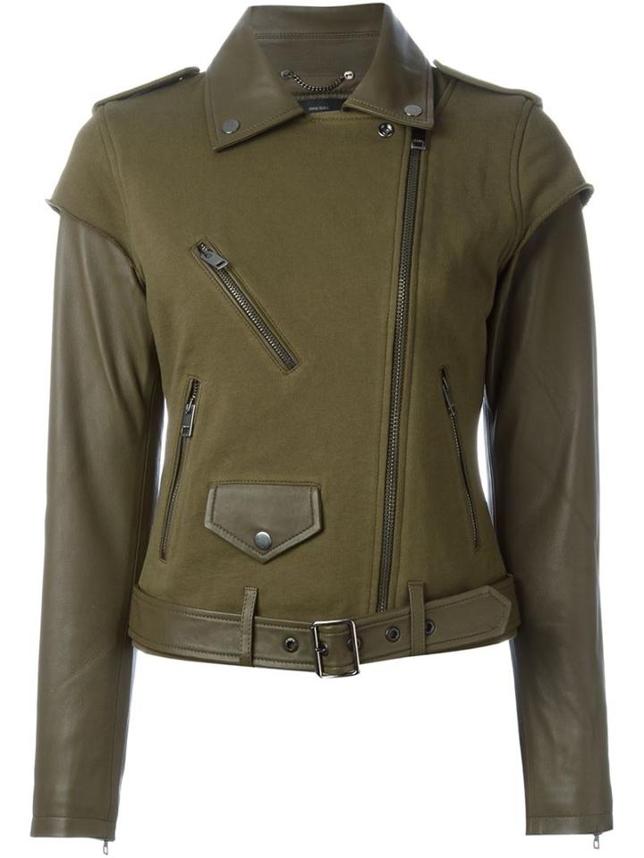 Diesel Deconstructed Biker Jacket, Women's, Size: Large, Green, Cotton/lamb Skin