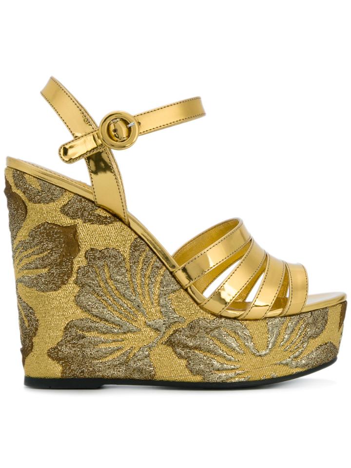 Prada Brocade Wedge Sandals - Metallic