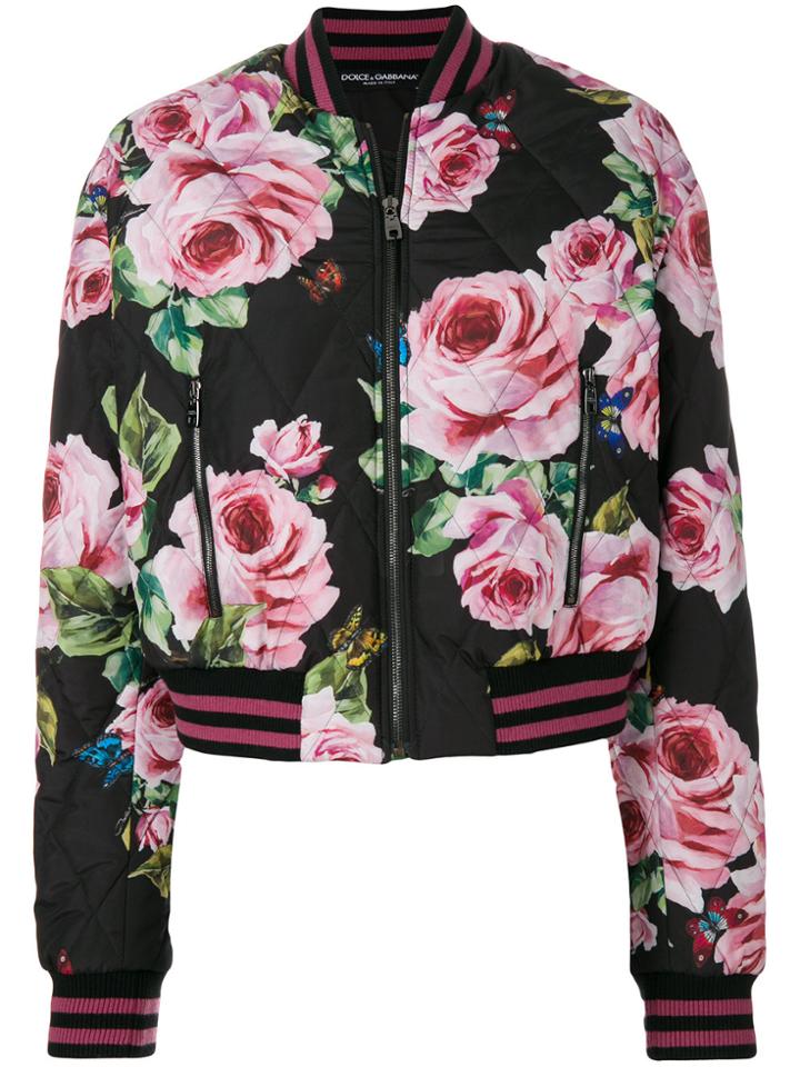 Dolce & Gabbana Rose Print Quilted Bomber Jacket - Black