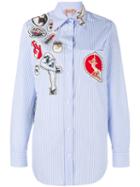 No21 Striped Badge Appliqué Shirt, Women's, Size: 38, Blue, Cotton/polyester/glass/metal