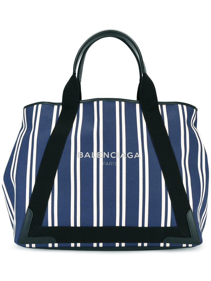 Balenciaga Striped Tote, Women's, Blue, Cotton/leather/canvas
