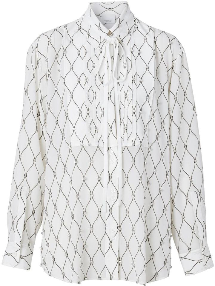 Burberry Crystal Detail Net Print Silk Oversized Tie-neck Shirt -