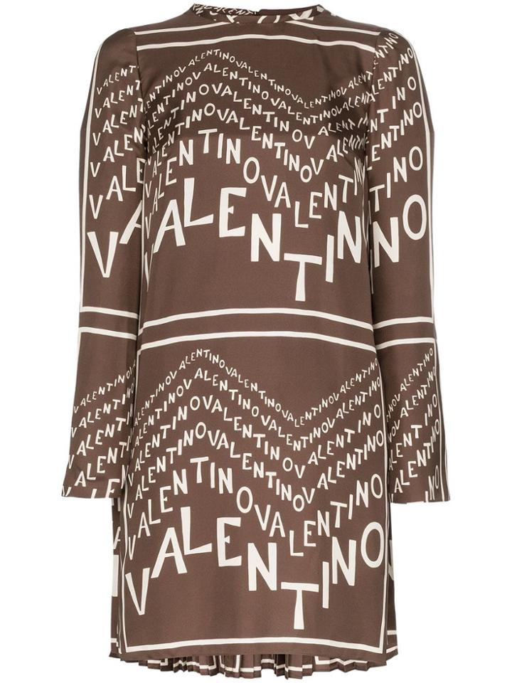 Valentino Logo Lettered Silk Chevron Twill Dress - Brown