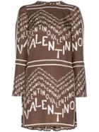 Valentino Logo Lettered Silk Chevron Twill Dress - Brown