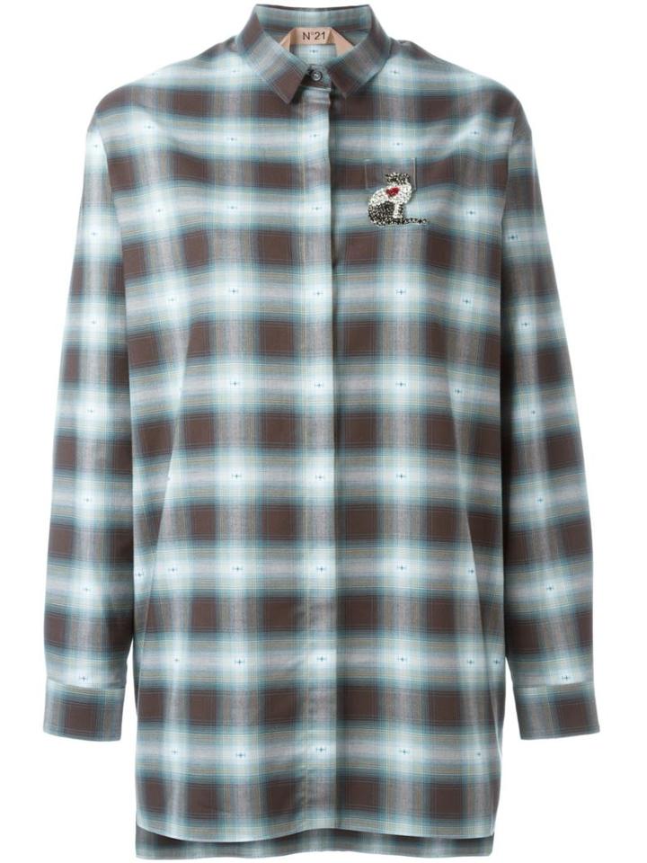 No21 Embellished Cat Checked Shirt, Women's, Size: 38, Green, Cotton/glass/metallic Fibre