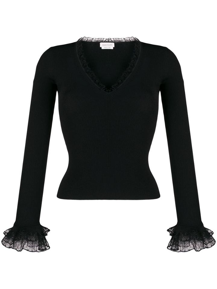 Alexander Mcqueen Lace Trimmed V-neck Jumper - Black