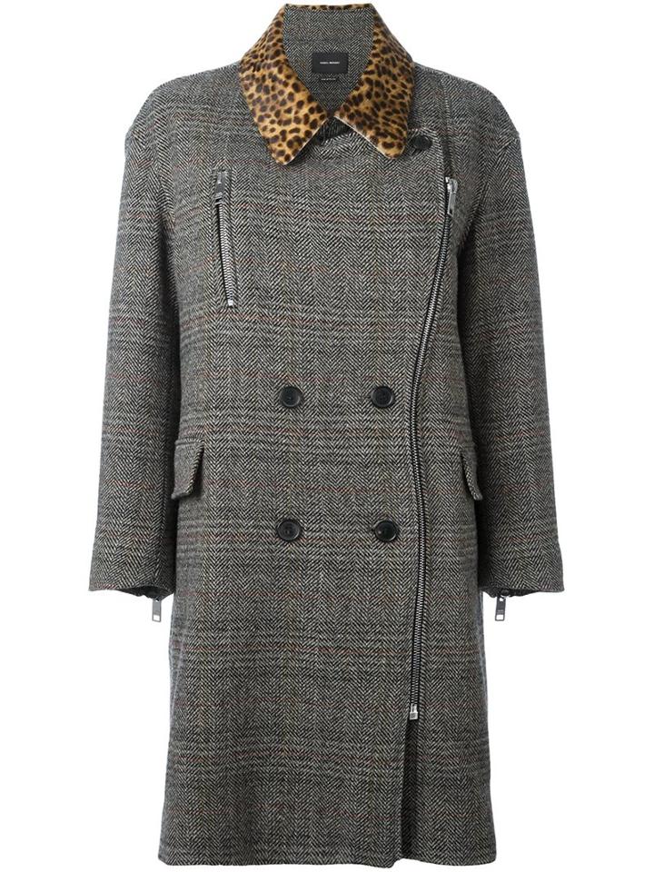 Isabel Marant 'friso' Checked Contrast-collar Coat, Women's, Size: 34, Grey, Calf Leather/acetate/viscose/virgin Wool