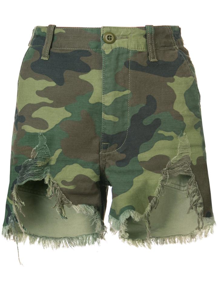 R13 Distressed Camouflage Print Camp Shorts - Green
