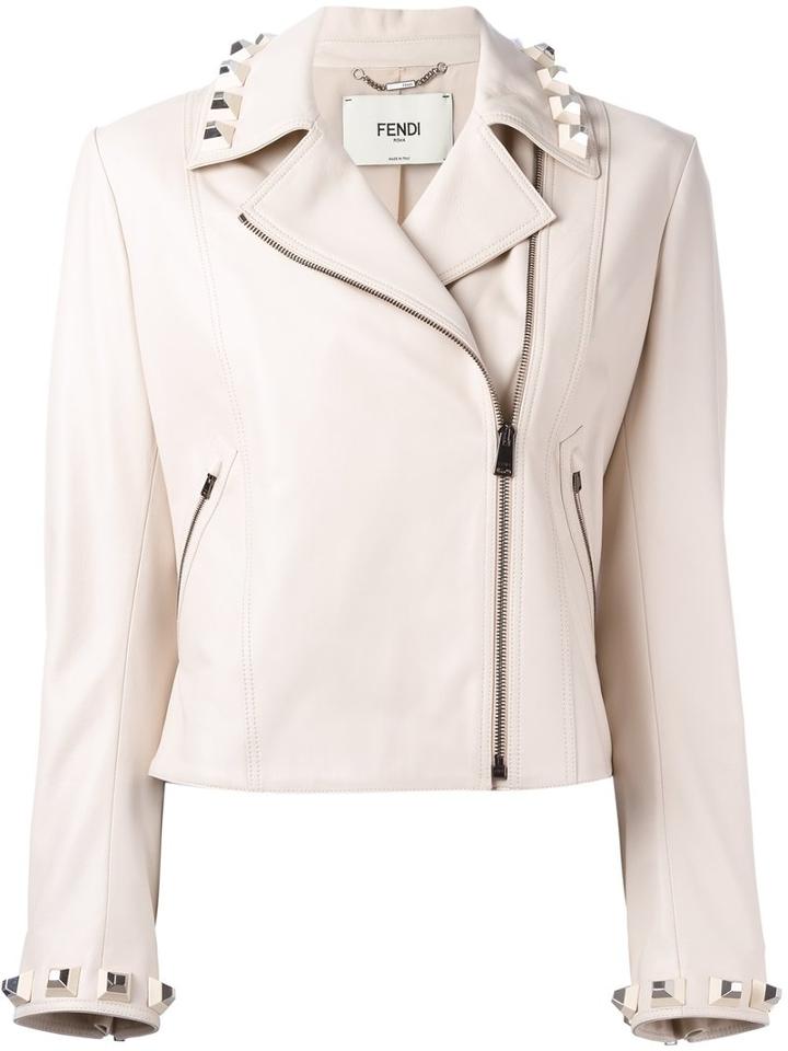 Fendi - Studded Leather Cropped Jacket - Women - Silk/lamb Skin/plastic - 42, Nude/neutrals, Silk/lamb Skin/plastic