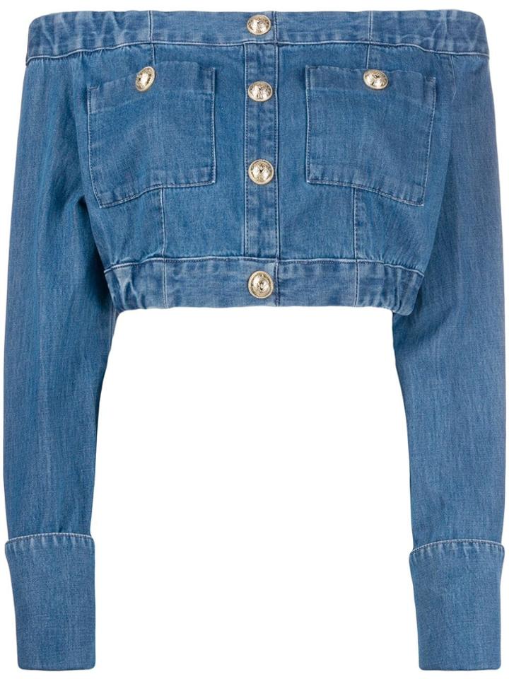 Balmain Off-the Shoulder Buttoned Cropped Top - Blue