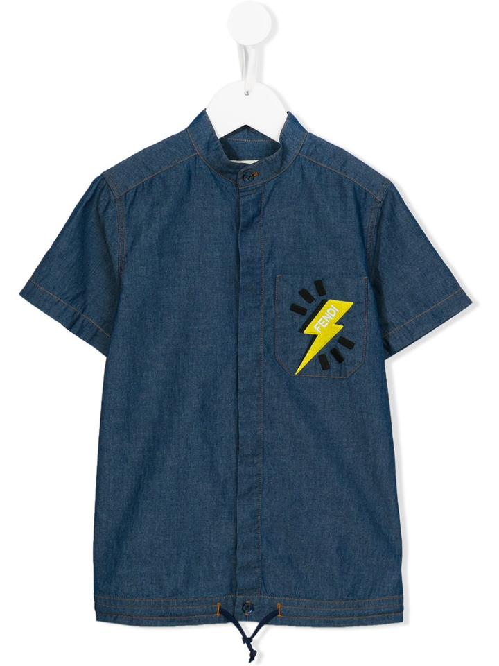 Fendi Kids Logo Lightning Embroidered Pocket Shirt, Boy's, Size: 8 Yrs, Blue