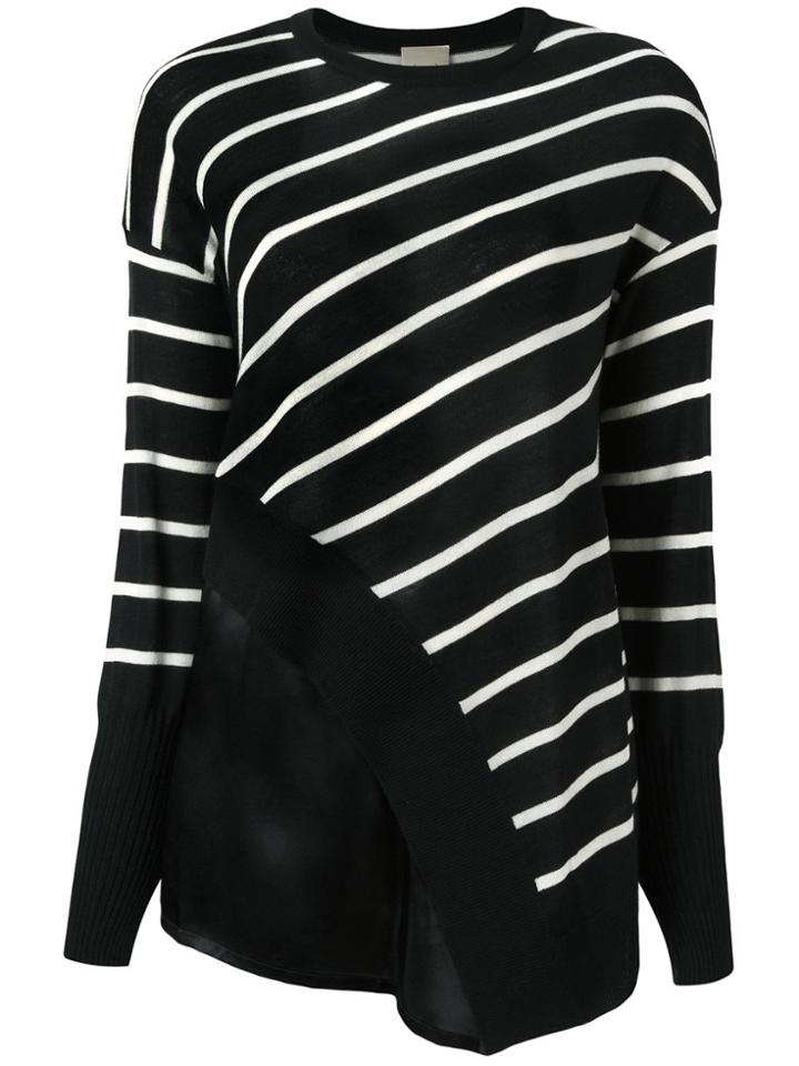 Nude Striped Asymmetric Knit Blouse - Black