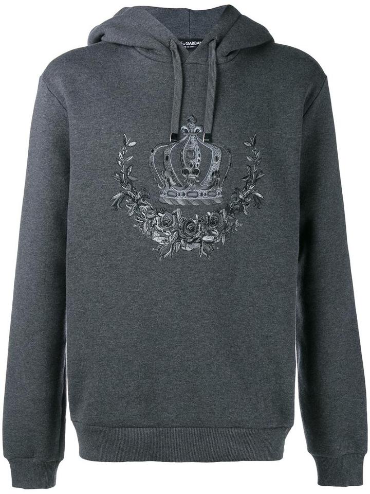 Dolce & Gabbana Embroidered Crown Hoodie, Men's, Size: 54, Grey, Cotton/polyester