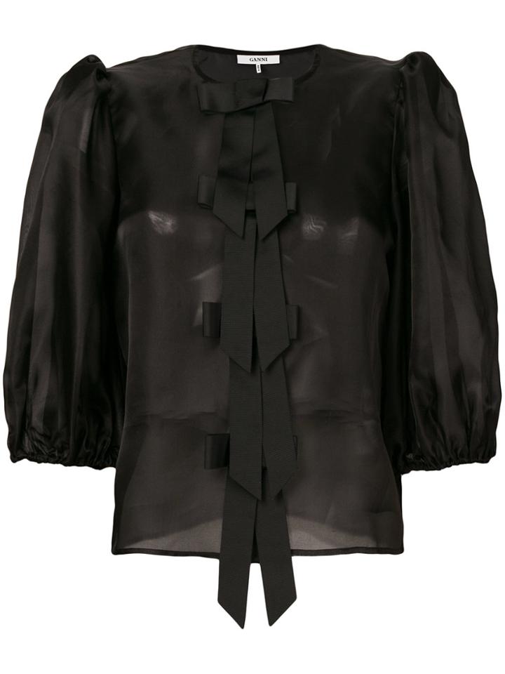 Ganni Puff Sleeve Ruffle Top - Black