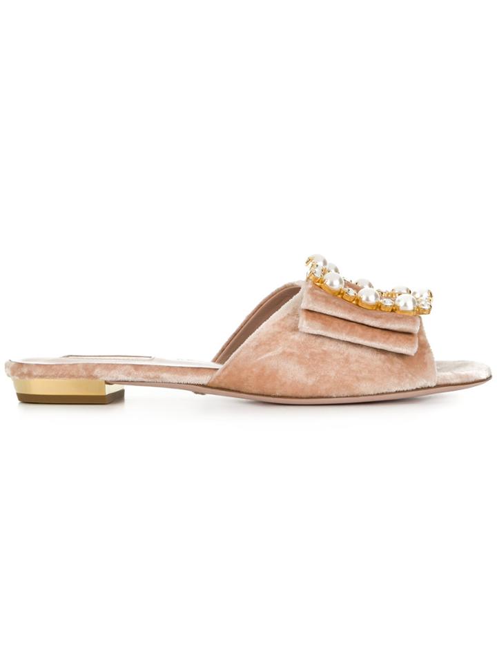 Sebastian Gemstone And Pearl Buckle Front Sandals - Pink & Purple