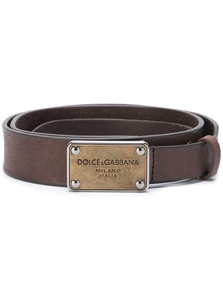 Dolce & Gabbana Metallic Logo Plaque Belt, Men's, Size: 95, Brown, Leather
