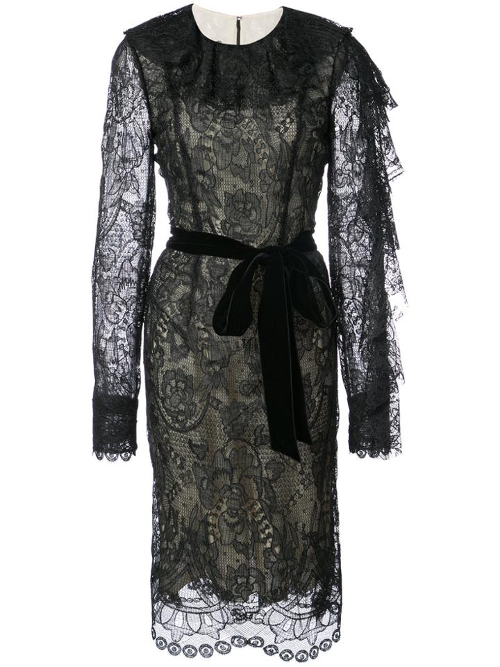 Monique Lhuillier Floral Lace Ruffle Sleeve Dress - Black