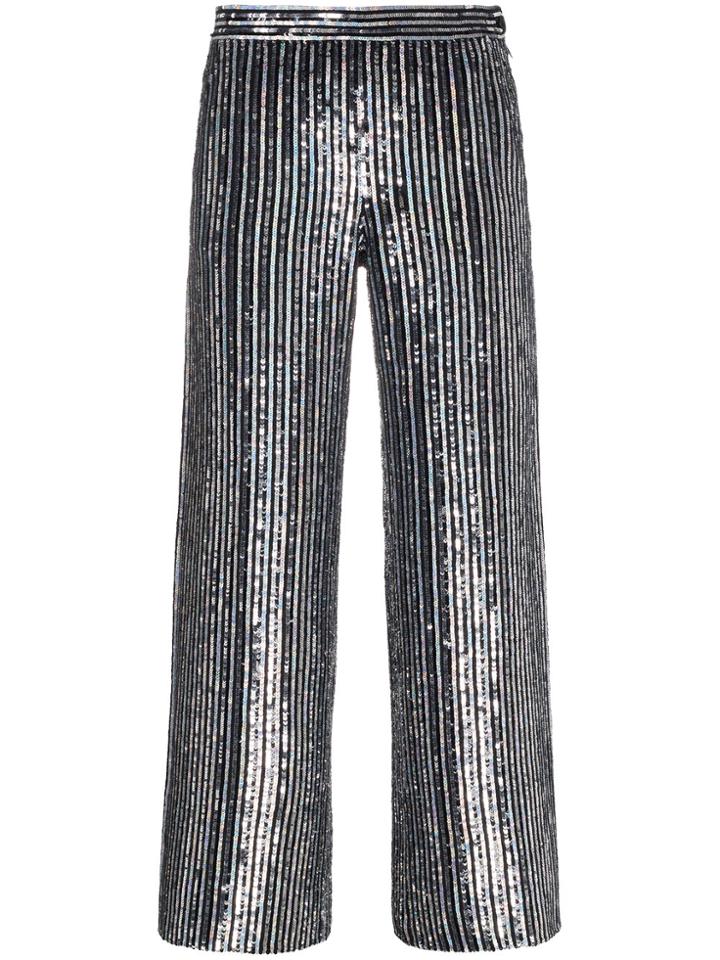 Ashish Sequin Embellished Stripe Flared Cropped Trousers - Black