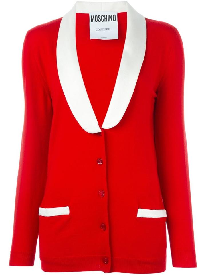 Moschino Faux Lapel Cardigan, Women's, Size: 48, Red, Polyester/virgin Wool