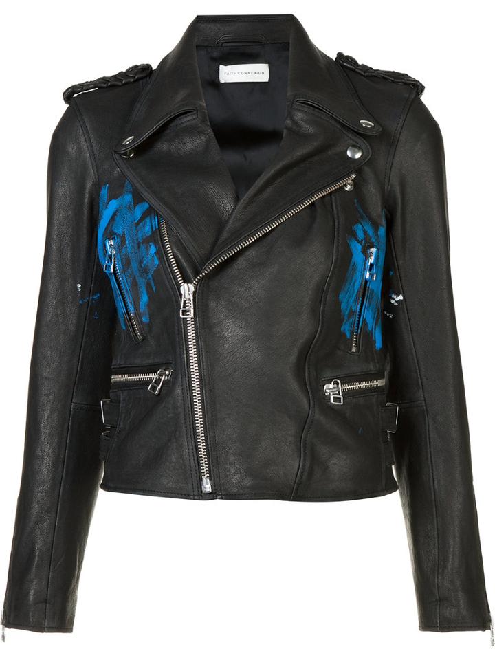 Faith Connexion Brush Print Biker Jacket, Women's, Size: 38, Black, Acetate/leather