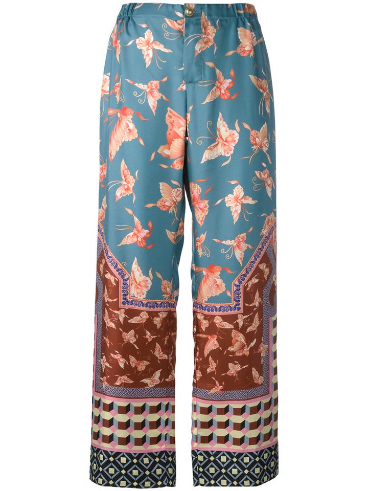 F.r.s For Restless Sleepers Flared Printed Pants, Women's, Size: Large, Blue, Silk