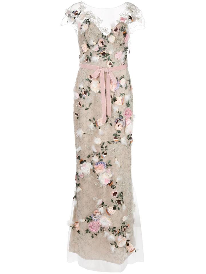 Marchesa Cap Sleeve Embellished Evening Gown - Neutrals