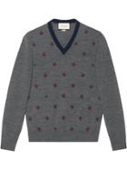 Gucci Wool V-neck With Bees And Stars - Grey