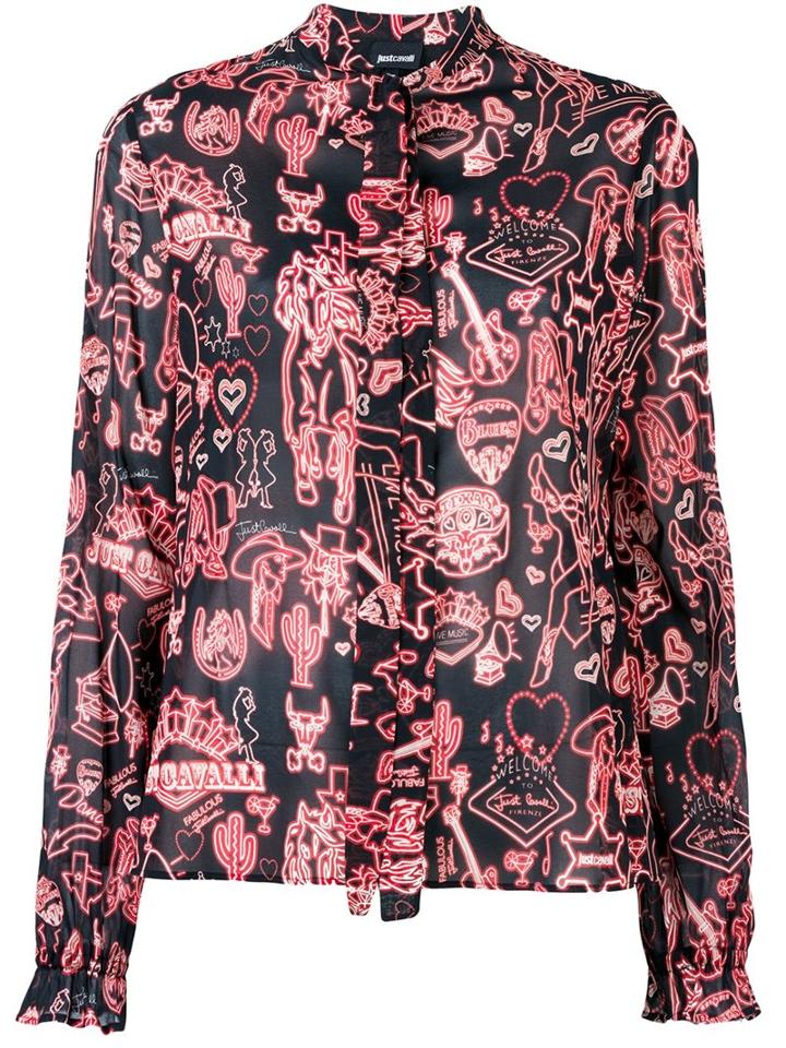 Just Cavalli Western Print Shirt, Women's, Size: 42, Black, Silk/polyester/spandex/elastane