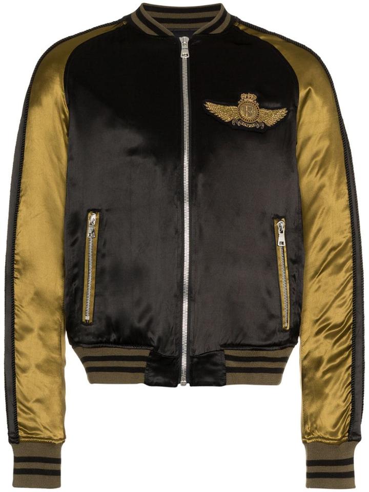 Balmain Logo Beaded Embellished Satin Bomber Jacket - Black