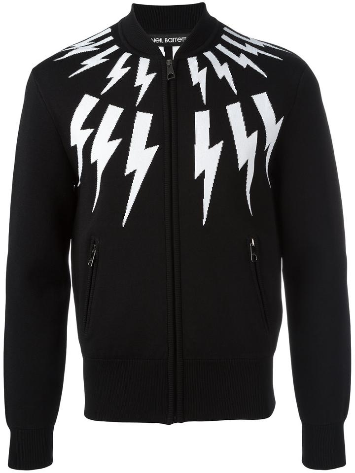 Neil Barrett Lightning Bolt Bomber Jacket, Men's, Size: Medium, Black, Viscose/nylon